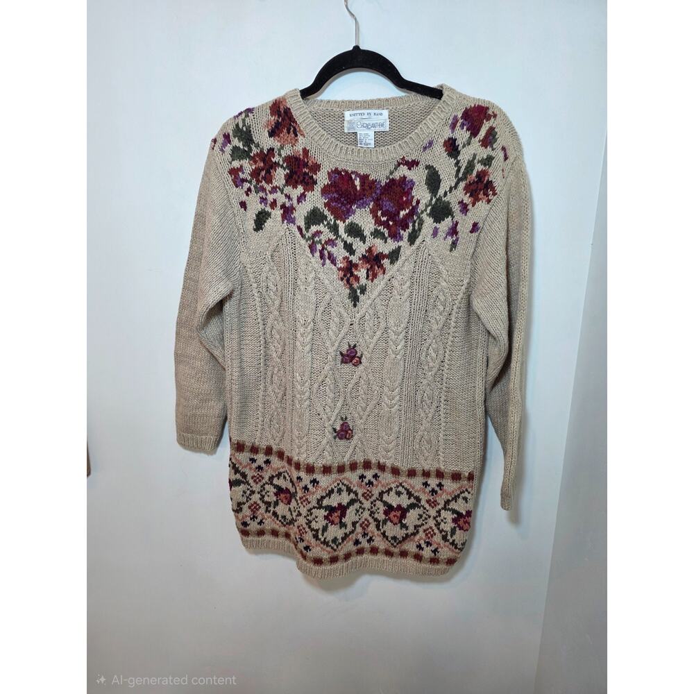 Vintage Hand Knit Floral Embroidered Cottagecore Sweater Women's L Cabincore